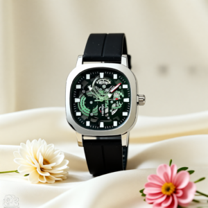 hervi modern skeleton dial analog watch – black rubber strap